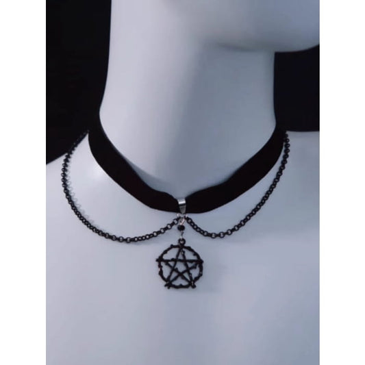 Gothic Pentagram Black Velvet Choker with Chains - Free Size