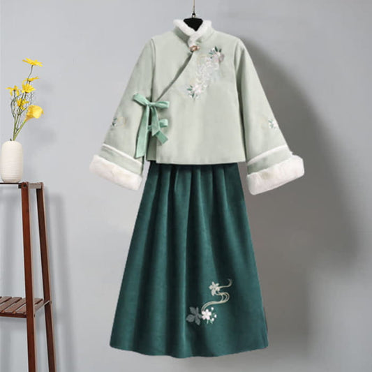 Green Floral Bow Knot Coat Pleated Skirt Vintage Set - M