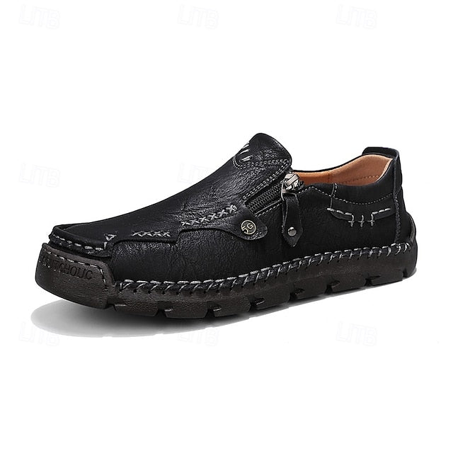with Leather Brown Men's Side Faux Slip-On Zipper Loafers