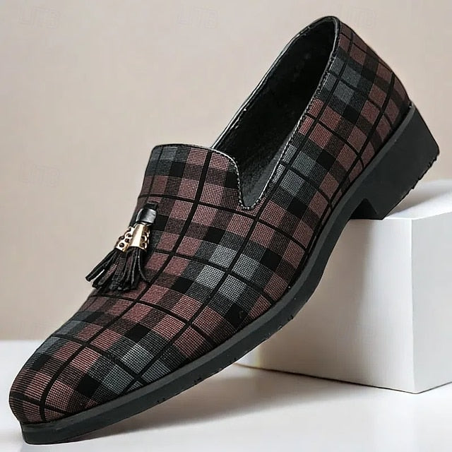 Decoration with Tassel Men's – Plaid Loafers Elegant