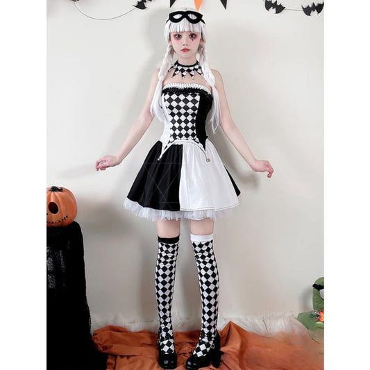 Halloween Black White Clown Costume Top and Skirt