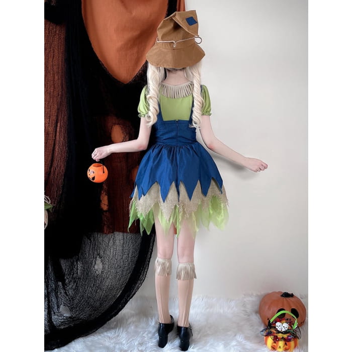 Halloween Green Blouse and Blue Dress Scarecrow Costume