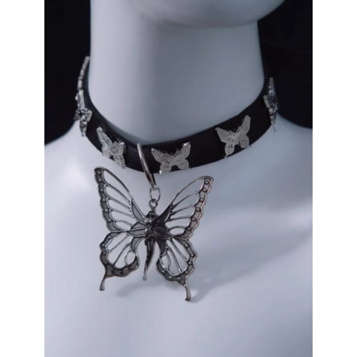 Handmade Metal Butterfly Pendant Black Choker - Free Size