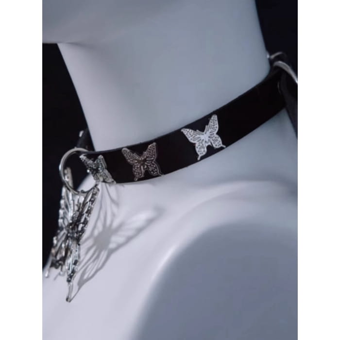 Handmade Metal Butterfly Pendant Black Choker - Free Size