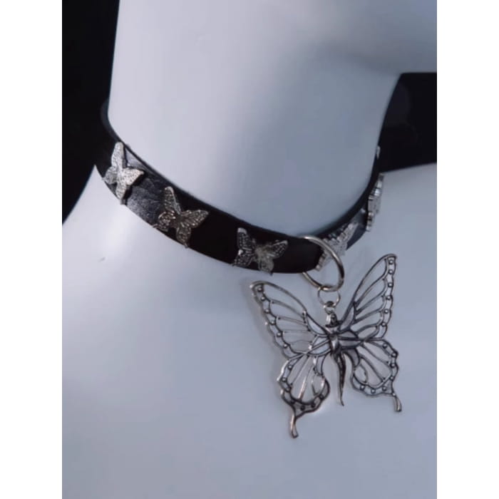 Handmade Metal Butterfly Pendant Black Choker - Free Size