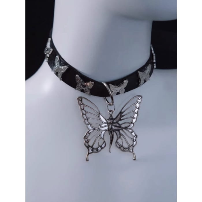 Handmade Metal Butterfly Pendant Black Choker - Free Size