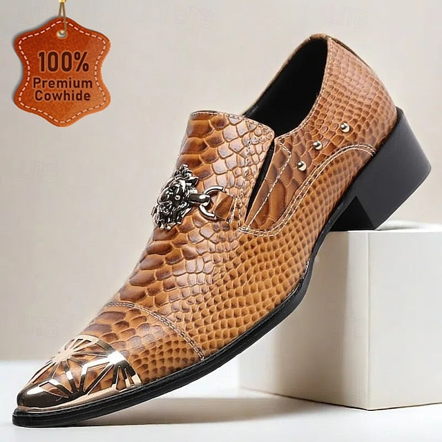 Slip-On Men's Leather with Pattern Metal Snake Brown Shoes