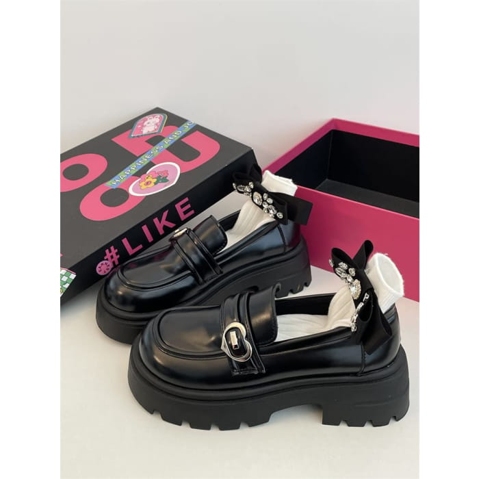Heart Buckled Platform Chunky Heel Loafers