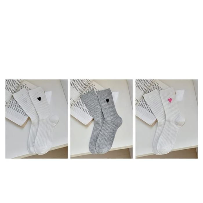 Heart Embroidered Socks Set - Of 3 Pairs - Black - White &