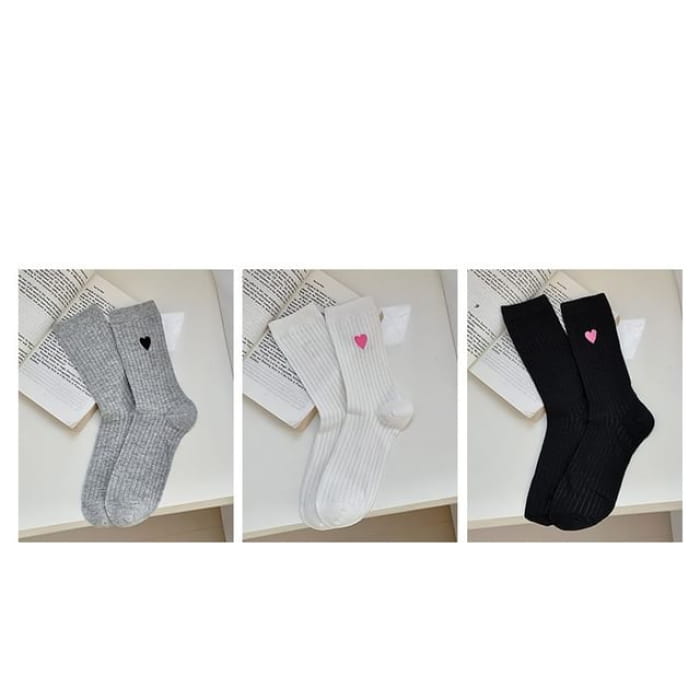 Heart Embroidered Socks Set - Of 3 Pairs - Light Gray &