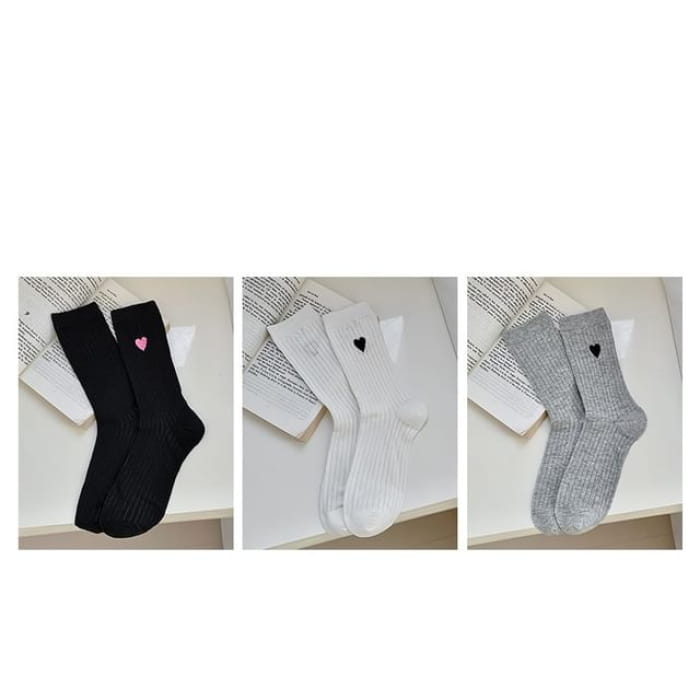 Heart Embroidered Socks Set - Of 3 Pairs - Pink - Black &