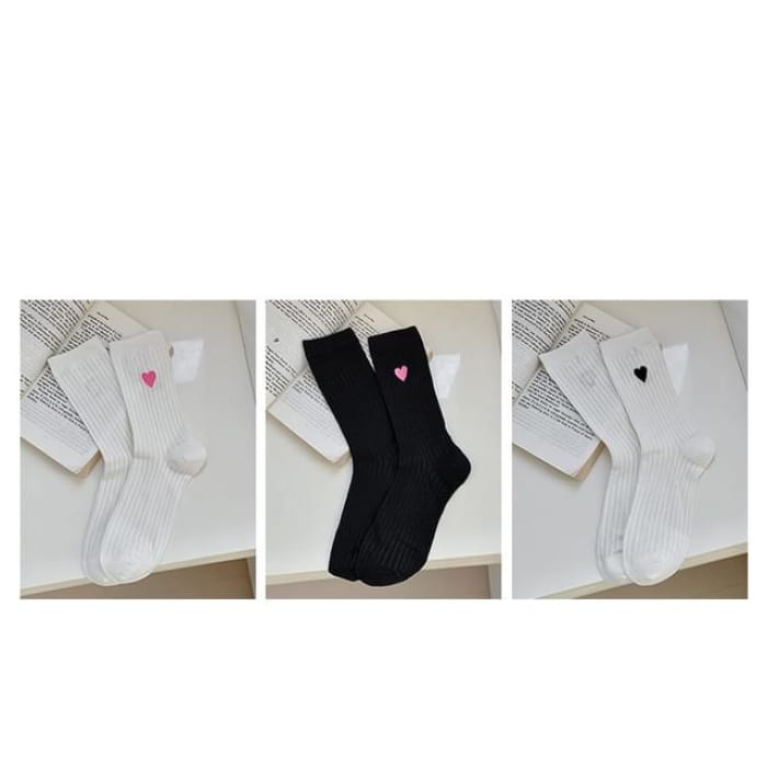 Heart Embroidered Socks Set - Of 3 Pairs - Pink - White &