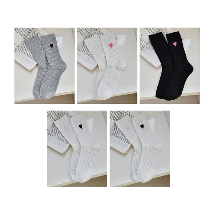 Heart Embroidered Socks Set - Of 5 Pairs - 1 Pair - Light