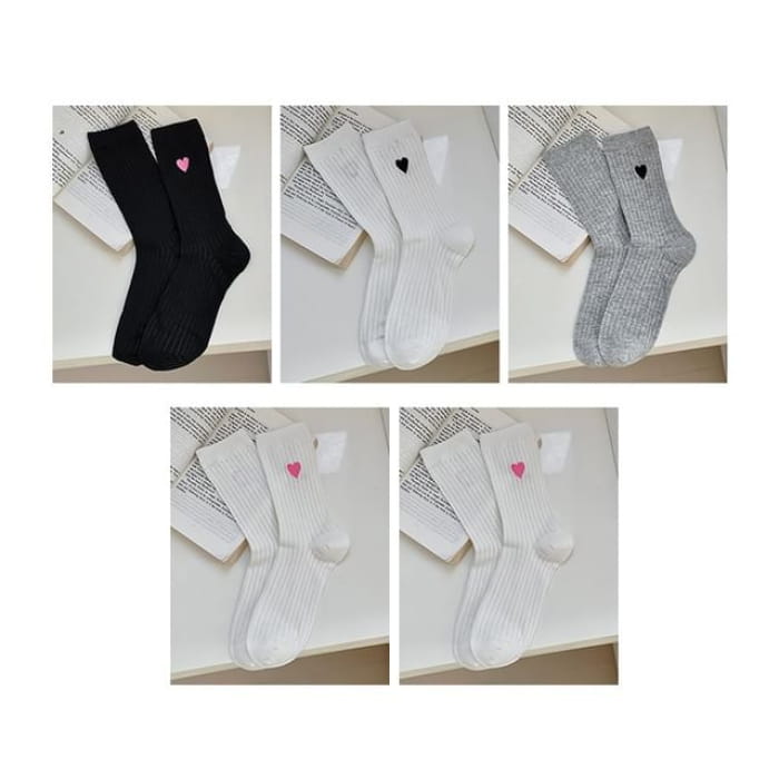 Heart Embroidered Socks Set - Of 5 Pairs - 1 Pair - Pink