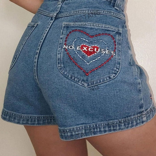 Heart Embroidery Denim Shorts - S / Blue