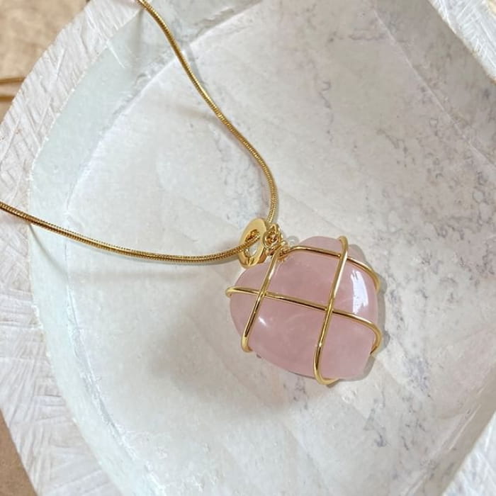 Heart Moonstone Pendant Alloy Necklace - Pink - Gold