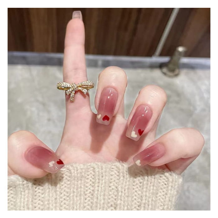 Heart Pointed Faux Nail Tips - Glue - C-34 - Red / One Size