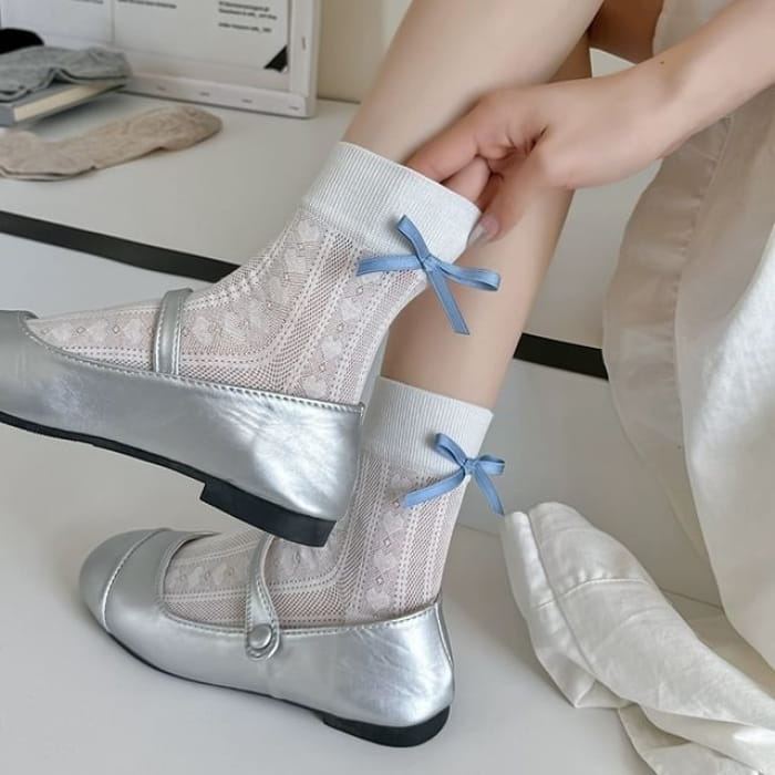 Heart Print Bow Socks - 1 Pair - White / One Size