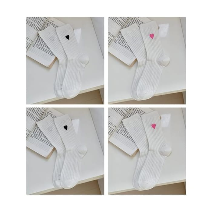 Heart Print Ribbed Socks / Set - 01 - of 4 Pairs - White &