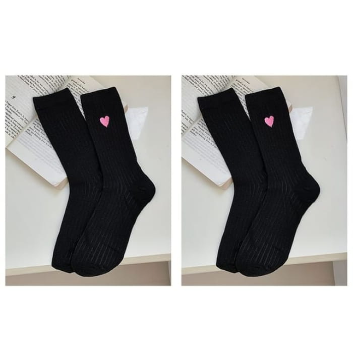 Heart Print Ribbed Socks / Set - 03 - of 2 Pairs - Black &