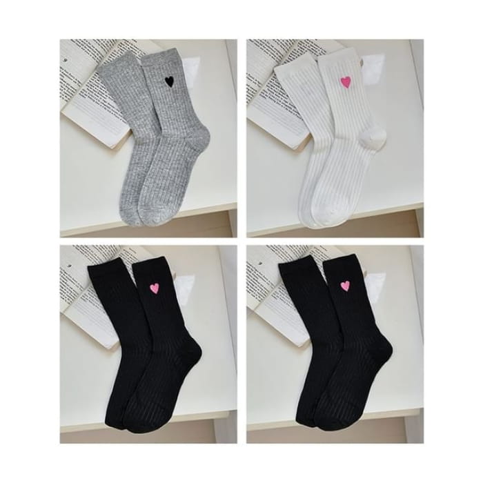 Heart Print Ribbed Socks / Set - 04 - of 4 Pairs - Gray &