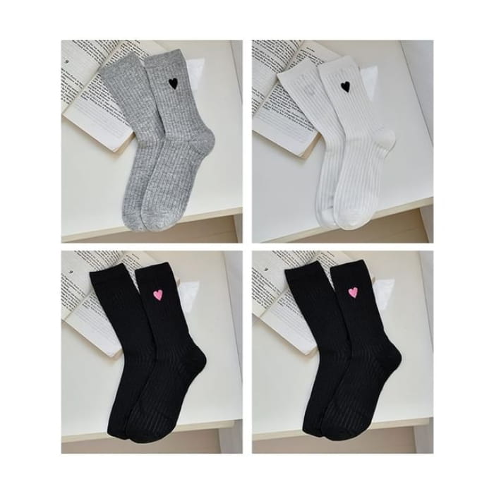 Heart Print Ribbed Socks / Set - 05 - of 4 Pairs - Gray &