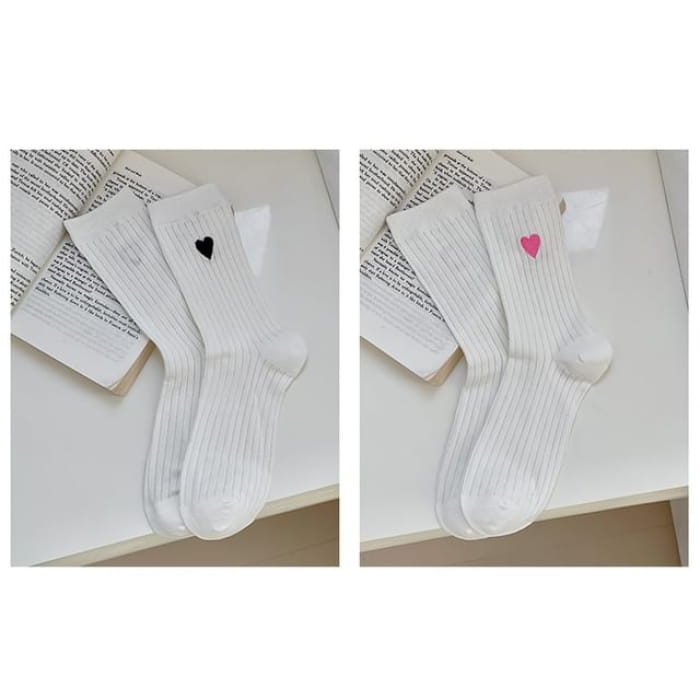 Heart Print Ribbed Socks / Set - 07 - of 2 Pairs - White &