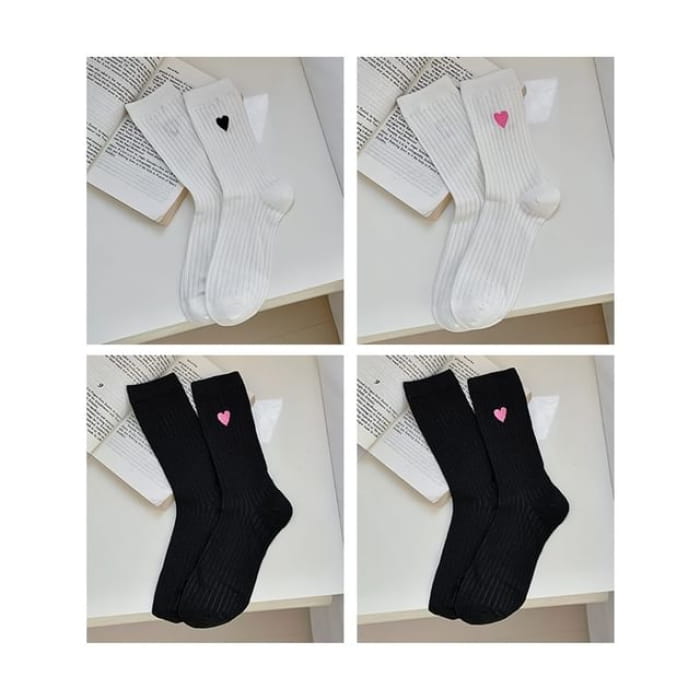 Heart Print Ribbed Socks / Set - 09 - of 4 Pairs - White &