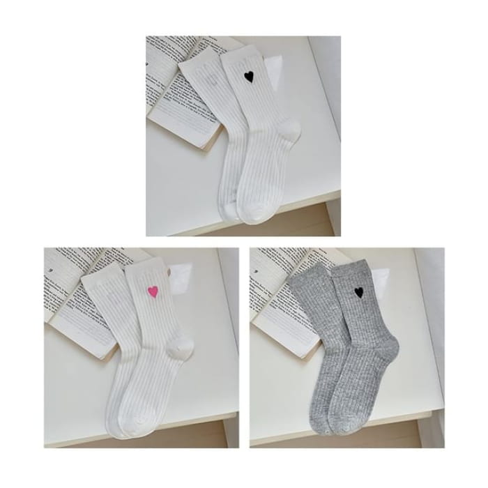 Heart Print Ribbed Socks / Set - 10 - of 3 Pairs - White &