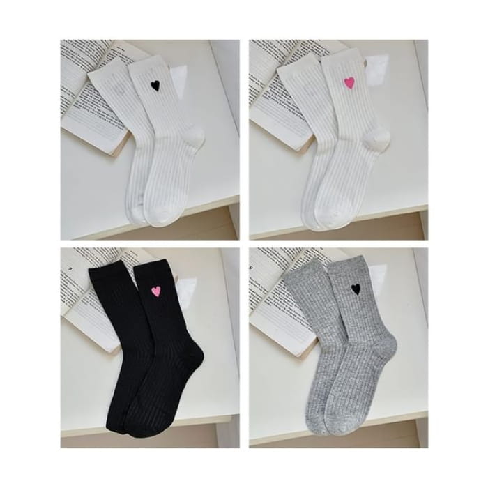 Heart Print Ribbed Socks / Set - 12 - of 4 Pairs - White &