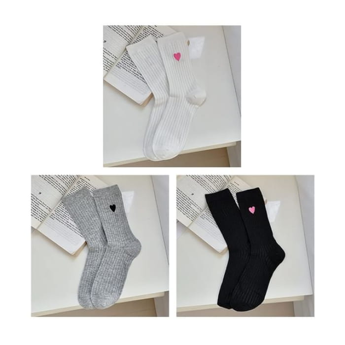 Heart Print Ribbed Socks / Set - 13 - of 3 Pairs - White &
