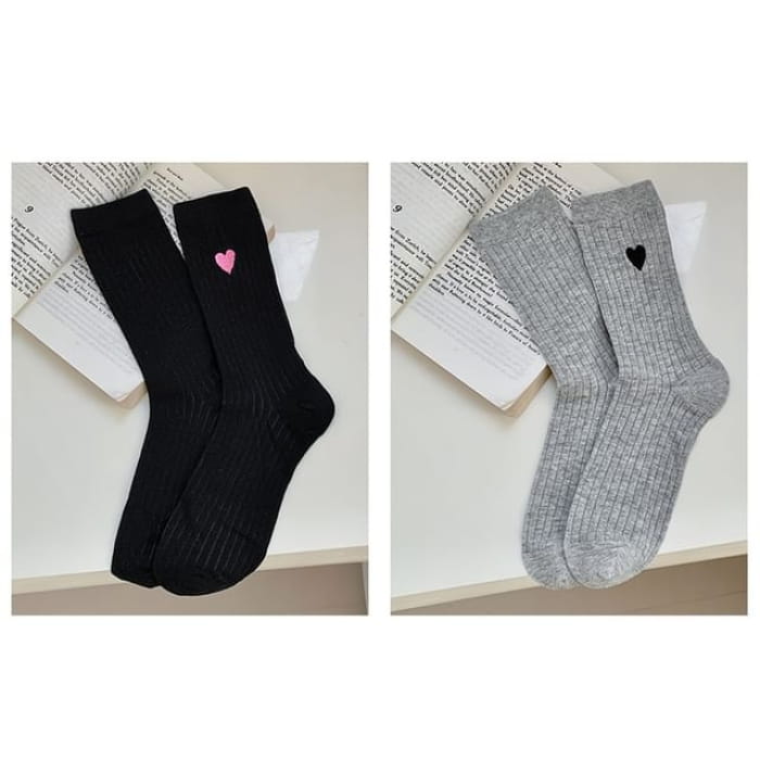 Heart Print Ribbed Socks / Set - 15 - of 2 Pairs - Black &