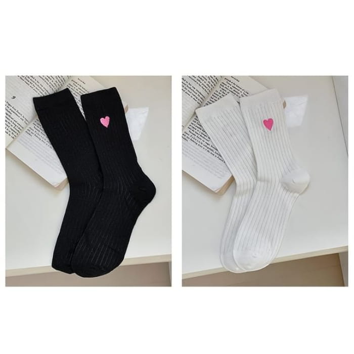 Heart Print Ribbed Socks / Set - 16 - of 2 Pairs - Black &