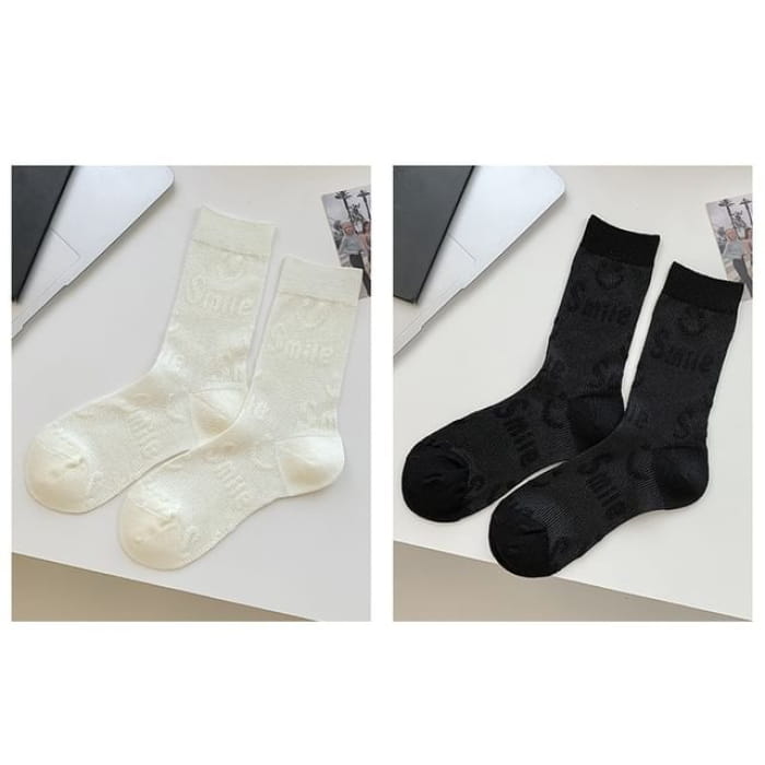 Heart Print Socks / Set - Of 2 Pairs - Smile - White &