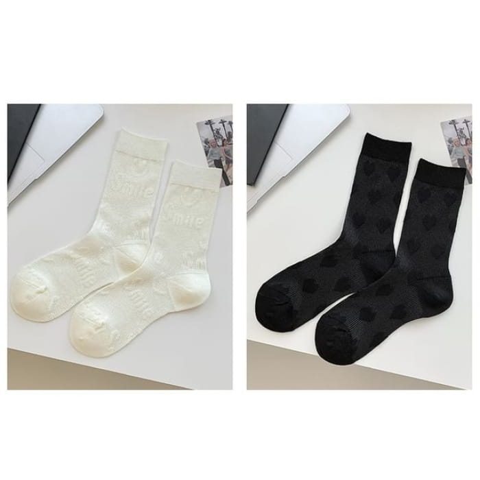 Heart Print Socks / Set - Of 2 Pairs - Smile - White &
