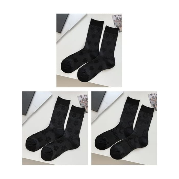Heart Print Socks / Set - Of 3 Pairs - Black & Flower