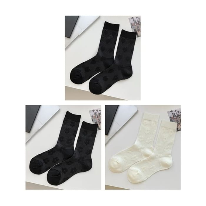 Heart Print Socks / Set - Of 3 Pairs - Black & Flower