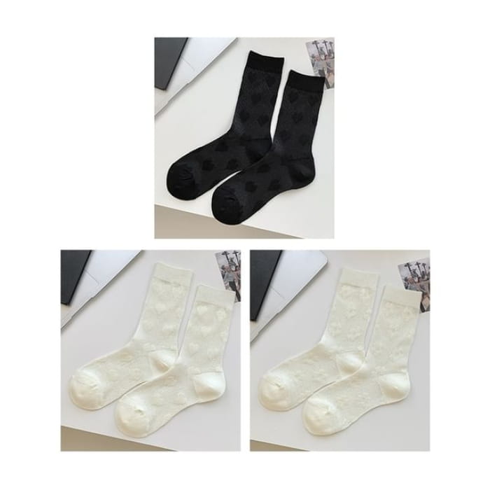 Heart Print Socks / Set - Of 3 Pairs - Black & - White