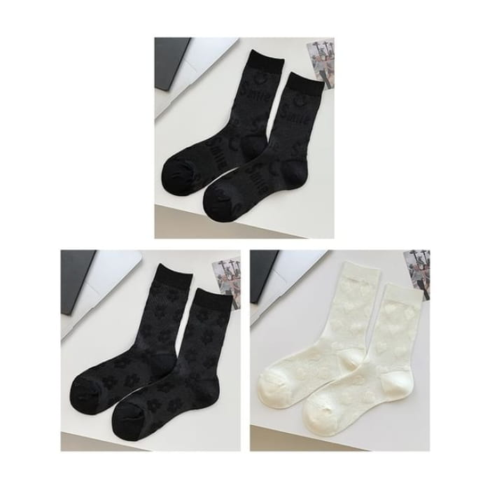 Heart Print Socks / Set - Of 3 Pairs - Smile - Black &