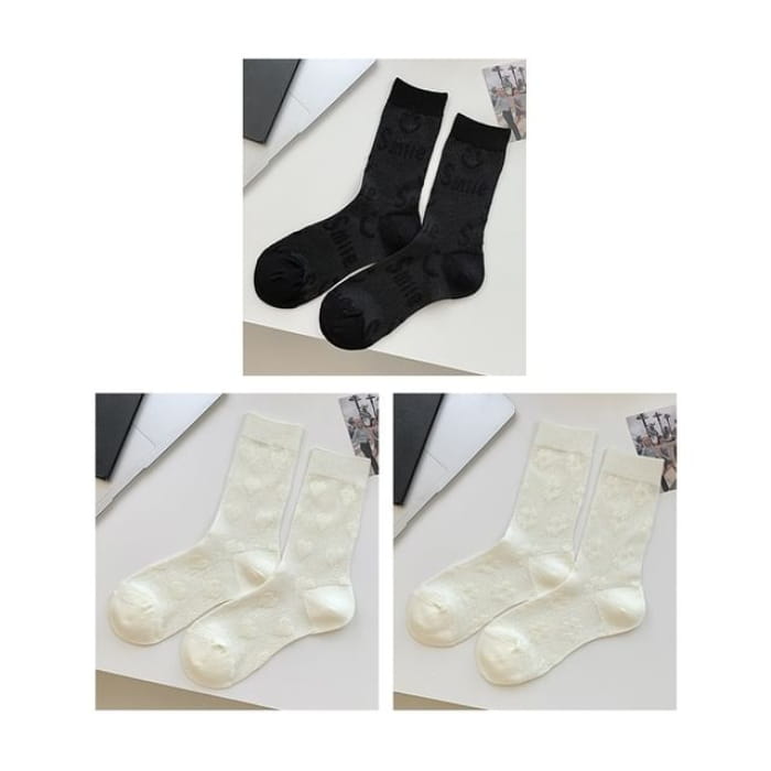 Heart Print Socks / Set - Of 3 Pairs - Smile - Black &