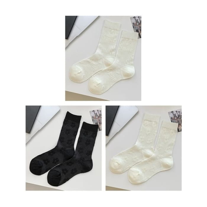 Heart Print Socks / Set - Of 3 Pairs - Smile - White &