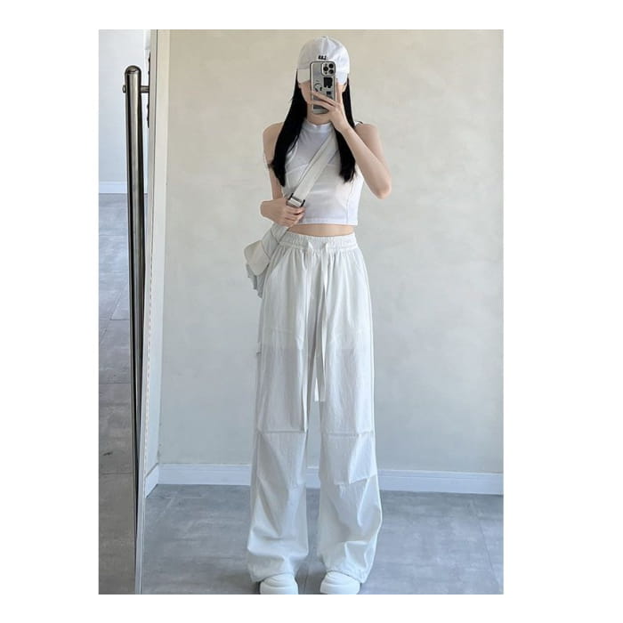 High Rise Drawstring Plain Wide Leg Parachute Cargo