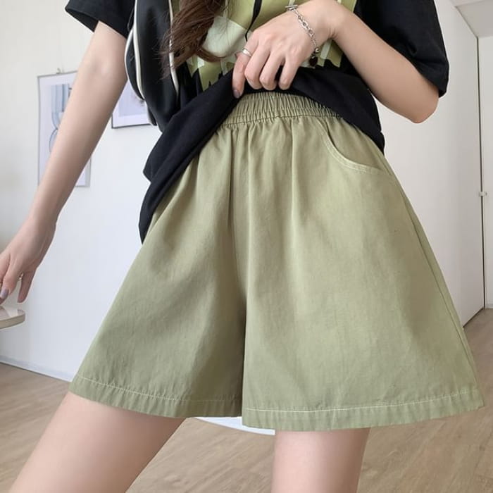 High Rise Plain Wide Leg Cargo Shorts - Green / S