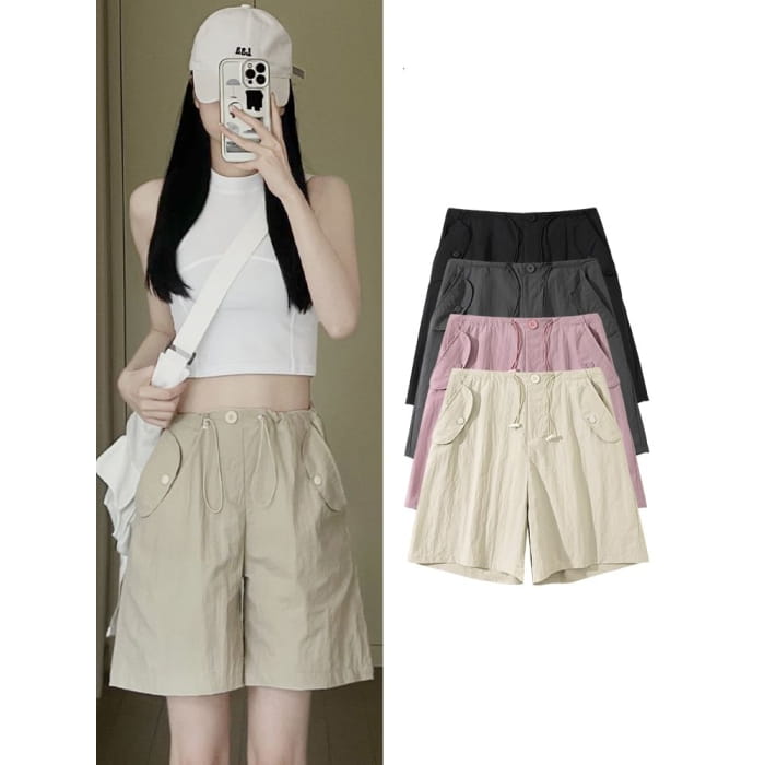 High Rise Pocketed Wide Leg Plain Cargo Shorts