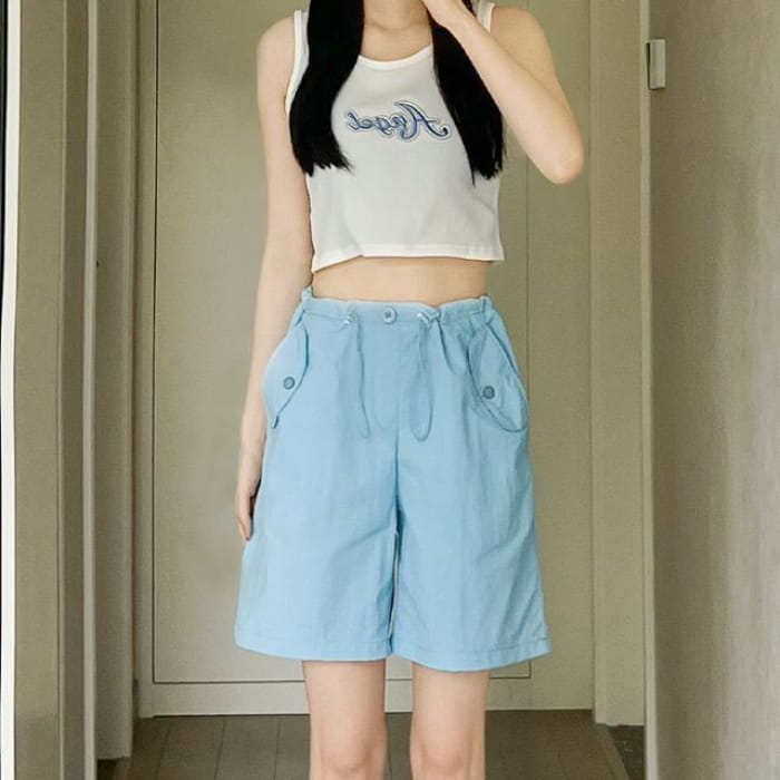 High Rise Pocketed Wide Leg Plain Cargo Shorts - Blue / S