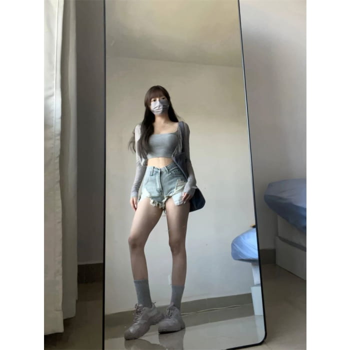 High Waist Distressed Denim Hot Pants