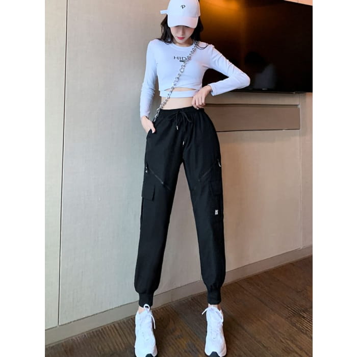 High Waist Drawstring Wide Leg Pocketed Straight Cut Gather