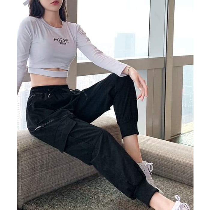 High Waist Drawstring Wide Leg Pocketed Straight Cut Gather