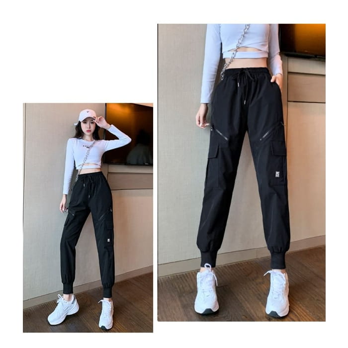 High Waist Drawstring Wide Leg Pocketed Straight Cut Gather