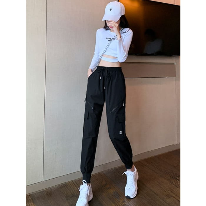 High Waist Drawstring Wide Leg Pocketed Straight Cut Gather